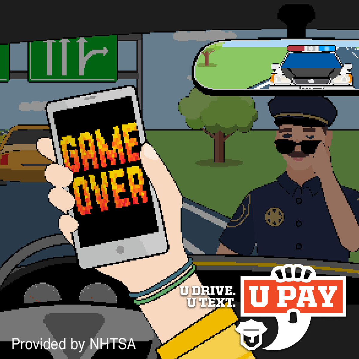 u drive u text ad of cop pulling over distracted driver
